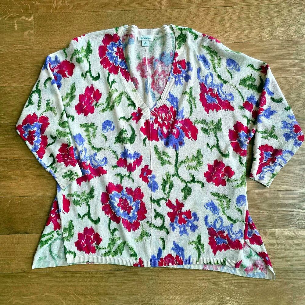 SUNDANCE CATALOG  Johanna V-Neck Lightweight Cotton Sweater Ivory Floral S M-L